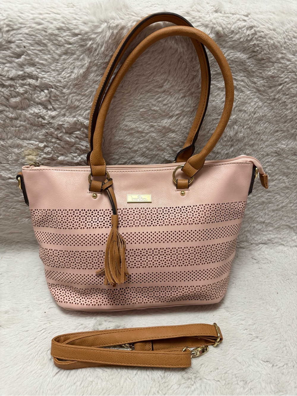 Minicci Pink Tote with Tan Handles and Tassel